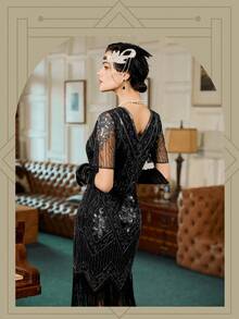 Plus Size XXXL Women's Flapper Dresses 1920s Fringed Sequin Great Gatsby Dress With 20s Accessories -Roaring 20s Costumes - 銀色 - 查看 3
