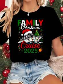 100% Cotton Women T-Shirt Funny Family Christmas Cruise 2025 Matching Group Cruise Holiday T-Shirt - 黑色 - 查看 1