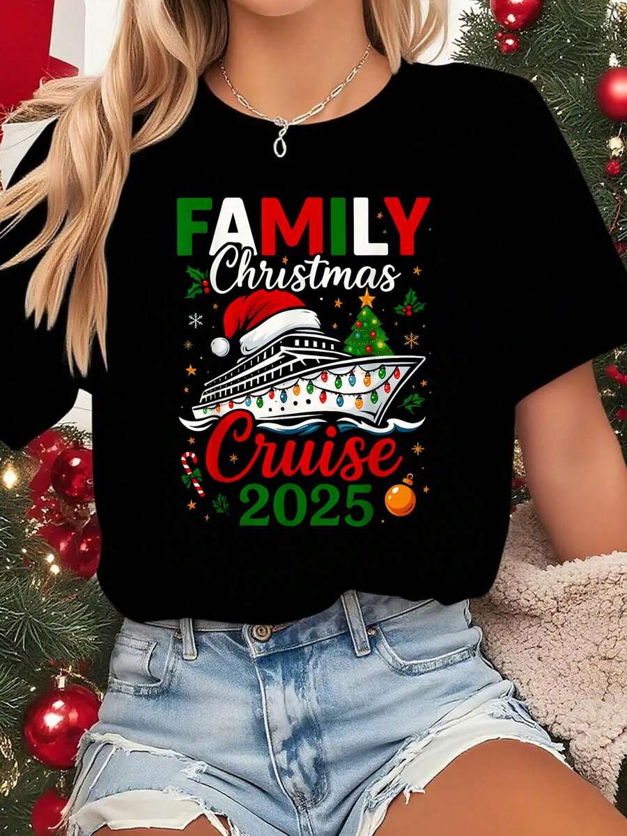 100% Cotton Women T-Shirt Funny Family Christmas Cruise 2025 Matching Group Cruise Holiday T-Shirt - 黑色 - 查看 1
