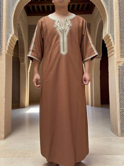 Classic Moroccan Gandoura Thobe Robe Islamic Men's Long Dress Clothing For Traditional Arab Retro Style Traditional Moroccan Men's Gandoura Kaftan Cultural Robe For Muslims Islamic Clothing Brown Kandora Retro Style Designed For Muslim Faithful Prayer Middle Eastern Celebrations Cultural Wear