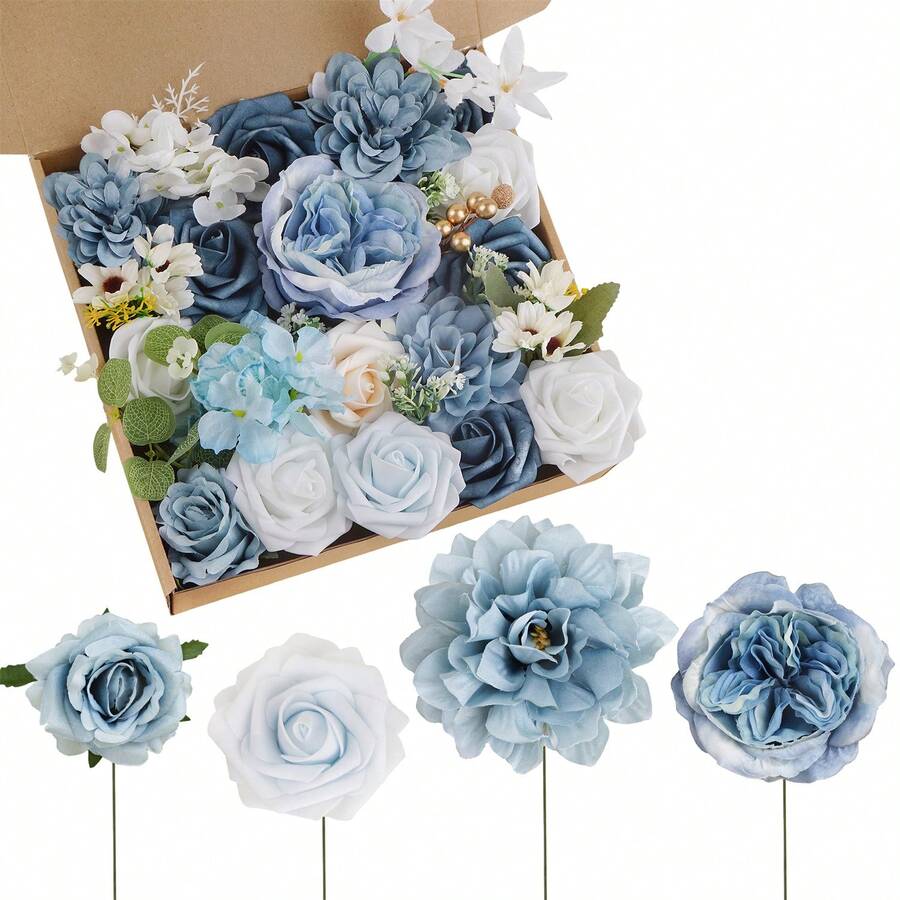 Artificial Blue And White Roses Flowers Bouquets Box, Fake Roses With Stems For DIY Wedding Bridal Shower Party Table Centerpieces Birthday Decorations - 藍白色 - 查看 1