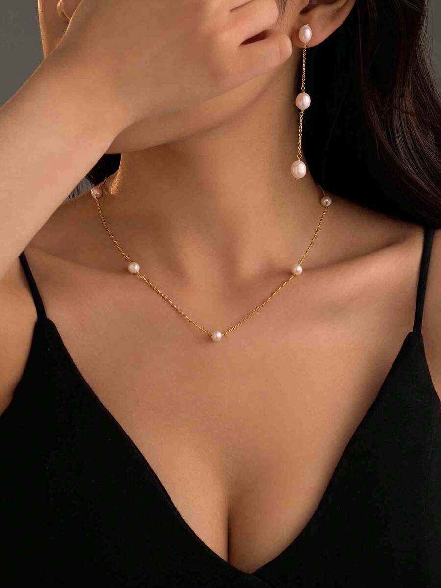 1 Set Dainty Faux Pearl Beaded Necklace Long Pearl Earring For Women,Elegant Thin Chain Link Choker,Light Luxury Jewelry For Bride Wedding/Summer Vacation/Anniversary/Valentin's Day/Christmas
