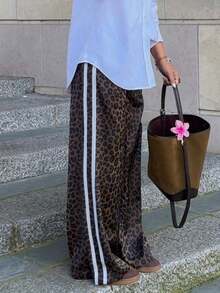 Women's Leopard Print Wide - Leg Pants With White Side Stripes, Casual Fashion Bottoms - 棕色 - 查看 2