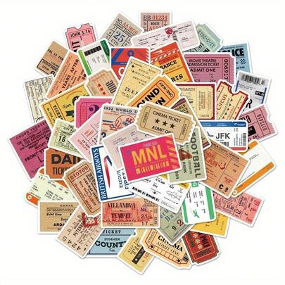 50pcs Retro Airline Ticket Vinyl Stickers, Suitable For Water Bottles, Helmets, Luggage, Phones, Laptops, Bicycles, Skateboards
