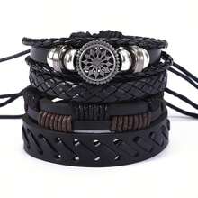 4pcs/Set Vintage Boho PU Leather Woven Handmade Bracelet Men Women Charm Bracelets Set Jewelry Accessories - 黑色 - 查看 6