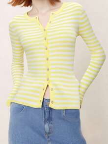 Women Striped Cardigan Slim Fit Crew Neck Long Sleeve Button-Up Knit Sweater Casual Fall Streetwear - 黃色 - 查看 1