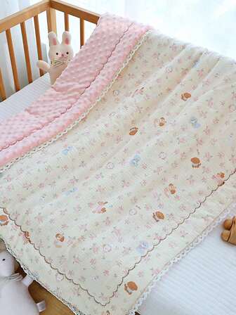 1件婴儿纱布绒球蕾丝毯，婴儿四季通用被，新生儿纯棉被，双面可用，可机洗