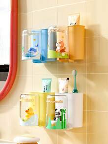 1 peça adorável desenho animado golfinho e urso suporte de escova de dentes de parede com copo de enxágue - plástico ABS durável, organizador de banheiro multifuncional para pasta de dente e escovas, decoração fofa de banheiro - Multicolorido - Ver 4
