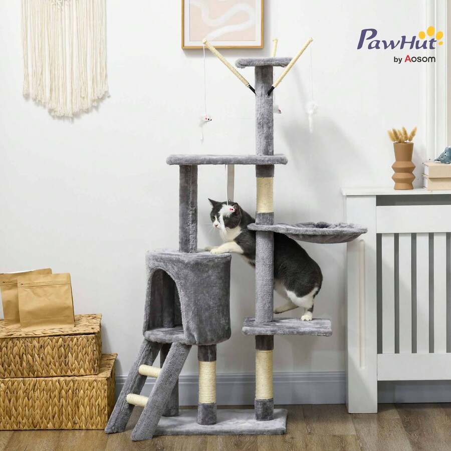PawHut 53" Cat Tree, Large Cat Tower With Scratching Posts, Condo, Perches, Ladder, Hammock, Dangling Toys, Multi-Level Kitten Activity Centre, Grey - 灰色 - 查看 1