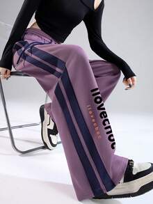 JUTU Herbst/Winter lila & marineblau Kontrastfarben Englisch Muster, weite Passform, hoher Bund, Lässig Hose für Frauen - 1A55 Lila mit Königsblau-1102 Schwarz - Übersicht 7