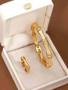 Conjunto de 2 peças de pulseira e anel de bambu com zircônia clássica da moda com diâmetro de 60 mm que podem ser abertos, adequados para uso diário feminino, trazem riqueza e boa sorte, sem caixa