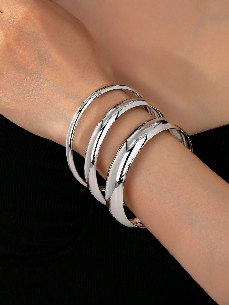 Set de 3 piezas de pulseras circulares de lujo, set de joyas de moda con textura martillada, adecuado para galas, citas, fiestas, reuniones y regalos festivos de mujer - Plateado - Ver 1