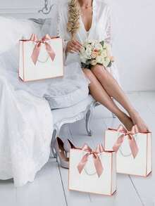 5pcs/1pc-Landscape-Style Kraft Paper Gift Bags, Shopping Bags, Packaging Bags With Handles, Bow-Decorated Handbags, Trick Or Treat, Halloween, White Large-Capacity Paper Bags, Halloween, Thanksgiving, Christmas, New Year, Wedding, Birthday Gift Packaging Bags, Simple Solid-Color Shopping Bags - White Pink - View 3