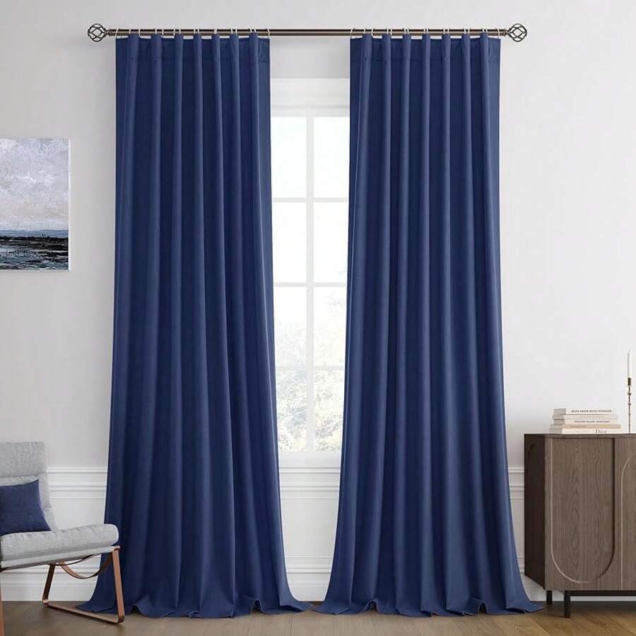 Beige Linen% Blackout Curtains 84 Inch Long, Rod Pocket/Back Tab/Hook Belt/Clip Rings, Thermal Insulated Drapes Bedroom Living Room With Hooks (1 Panel, 60 X 84), Stylish Window Treatments - 經典藍 - 查看 1