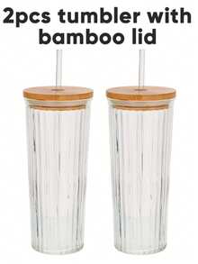 2pcs 4pcs 24oz Cute Iced Coffee Glass Cup Set With Plastic Lid And Glass Straw, Large Simple Stripe Clear Water Glass Tumbler With Bamboo Lid And Straw, Suitable For Juice Ice Cream Milk Tea, Perfect Gift - 2pcs tumbler with bamboo lid - 查看 10