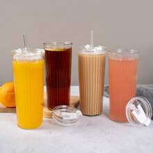 2pcs 4pcs 24oz Reusable Water Tumbler Glass Drinking Juice Coffee Tea Cup Set With Plastic Lids And Glass Straw, 700ml Glass Iced Coffee Cup With Lids And Straws For Smoothie Juice Drinks, Elegant Simple Restaurant Hotel Service Glass Drinkware Set - 2pcs tumbler with plastic lid - 查看 5