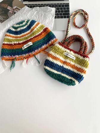Set med färgblocksrandig mössa och väska för kvinnor, ny designad Dopamine regnbågsfärgad hinkhatt med öronvärmare, färgglad randig stickad mössa och matchande stickade vantar, modeaccessoarset för höst/vinter
