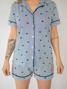 Flávia Short Sleeve American Pajamas - Navy Striped Heart - Azul Marino - Ver 4