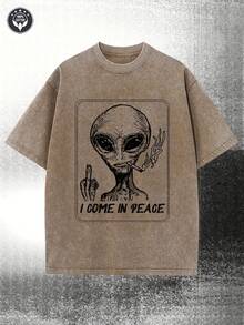 230g Water Washed, I Am A Black Alien Printed Men's T-Shirt, High-Quality Wax Printed Cotton All Season Casual T-Shirt, Street Or Outdoor, Perfect Gift For Holidays - Màu Khaki - Xem 1