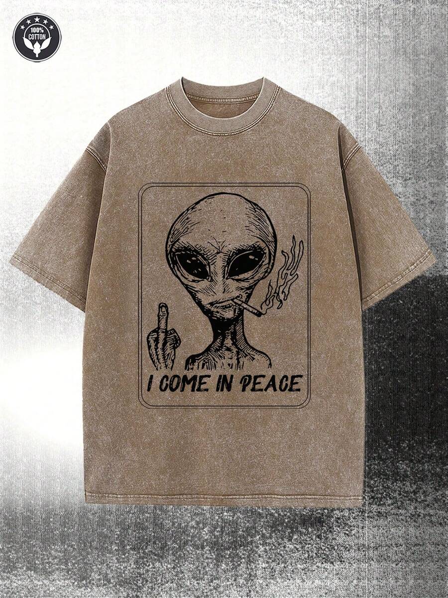 230g Water Washed, I Am A Black Alien Printed Men's T-Shirt, High-Quality Wax Printed Cotton All Season Casual T-Shirt, Street Or Outdoor, Perfect Gift For Holidays - Màu Khaki - Xem 1
