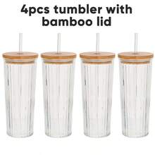 2pcs 4pcs 24oz Cute Iced Coffee Glass Cup Set With Plastic Lid And Glass Straw, Large Simple Stripe Clear Water Glass Tumbler With Bamboo Lid And Straw, Suitable For Juice Ice Cream Milk Tea, Perfect Gift - 2pcs tumbler with bamboo lid - 查看 9