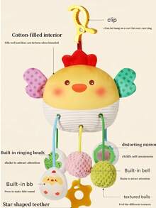 1个多功能螃蟹牙胶玩具，带铃铛、摇铃、镜子、牙胶和夹子，柔软毛绒悬挂玩具，带有感官珠和发声器，卡通红色动物造型，适用于婴儿床/婴儿车/汽车座椅，安抚宝宝，非常适合旅行/午睡/室内玩耍