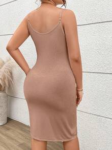 Plus Size Adjustable Strap Slip Dress, Opaque Shaping Bodycon Dress, Sexy Bodycon Jumpsuit Dress For Women (Mild Shaping) - Khaki - View 2