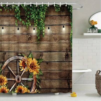 1pc Wooden Sunflower Shower Curtain - Waterproof, 12 Hooks Bathroom Divider - Essential Farmhouse Home Decor Bathroom Accessory Christmas Decor