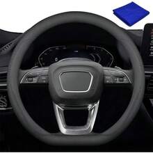 Funda para Volante en Forma de D, Funda para Volante de Coche, 15 Pulgadas, Transpirable, Antideslizante, con 1 pcs Toallas de Limpieza de Microfibra A - A - Ver 1