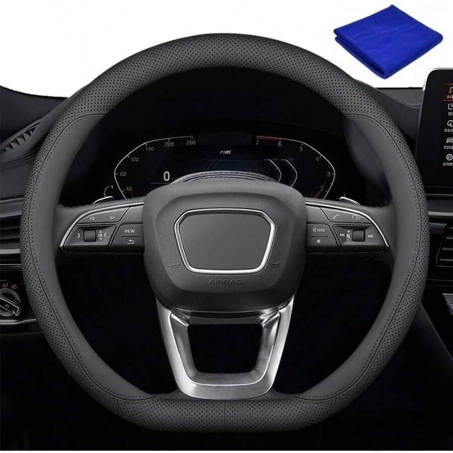 Funda para Volante en Forma de D, Funda para Volante de Coche, 15 Pulgadas, Transpirable, Antideslizante, con 1 pcs Toallas de Limpieza de Microfibra A - A - Ver 1