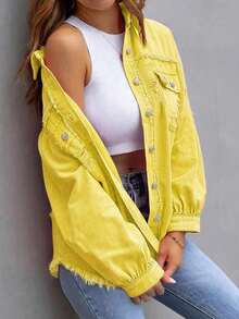 Plain Holed Front Button Ripped Pocket Casual Long Sleeve Jacket - Yellow - View 4