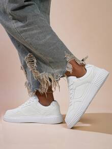 Women's High-Top Skate Shoes, Chunky Sole Sneakers Brown White Black, Casual Streetwear With Gold Anklet - Perfect Gift Idea - 白色 - 查看 5