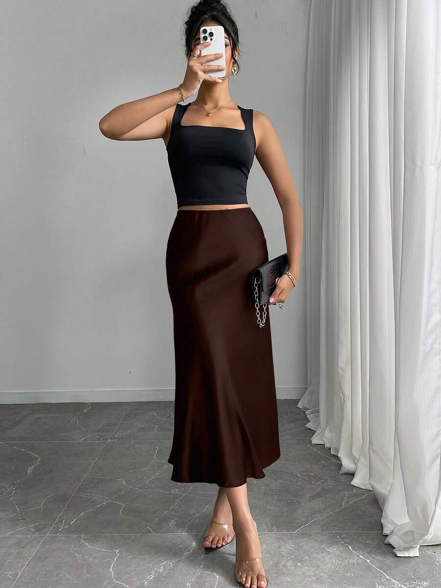Chân váy đuôi cá bằng satin ôm sát gợi cảm Mobula Sound, chất liệu mềm mại, đa năng cho tiệc tùng, thường ngày, thời trang, trang phục thanh lịch dành cho nữ, chân váy xòe mùa xuân - màu nâu - Xem 1