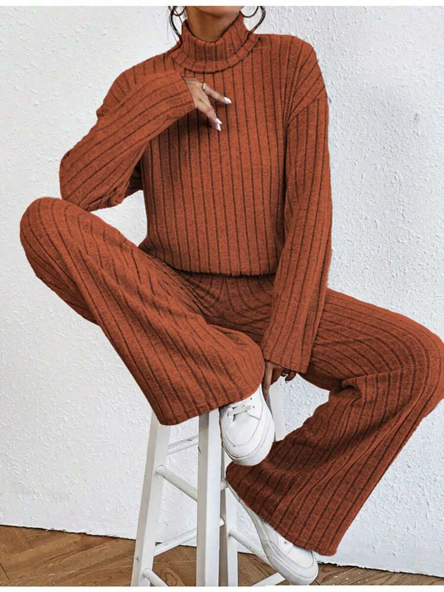 New Women's Suit Set;Ribbed Knit Turtleneck & Wide-Leg Pants Set: Stylish For Daily/Date Wear;Ribbed Knit Turtleneck Set! Smooth Wide-Leg Fit, Warm And Comfortable, Super Easy For Daily Matching;High-End Sense Of Relaxation! - 棕色 - 查看 1