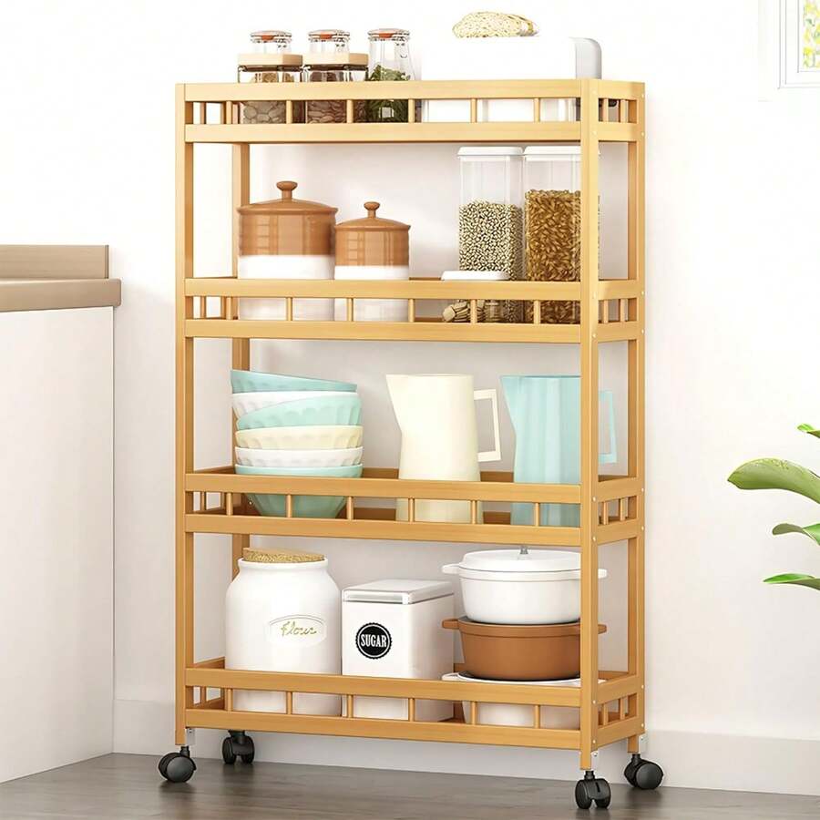 SURUIHK Bamboo Kitchen Rolling Cart, Removable Wood Trolley Island Cart With Multi Layer Storage Shelves, Utility Storage Rack On Wheels For Kitchen, Coffee Bar And Home Organizer - 三層(50x18x72公分) - 查看 1