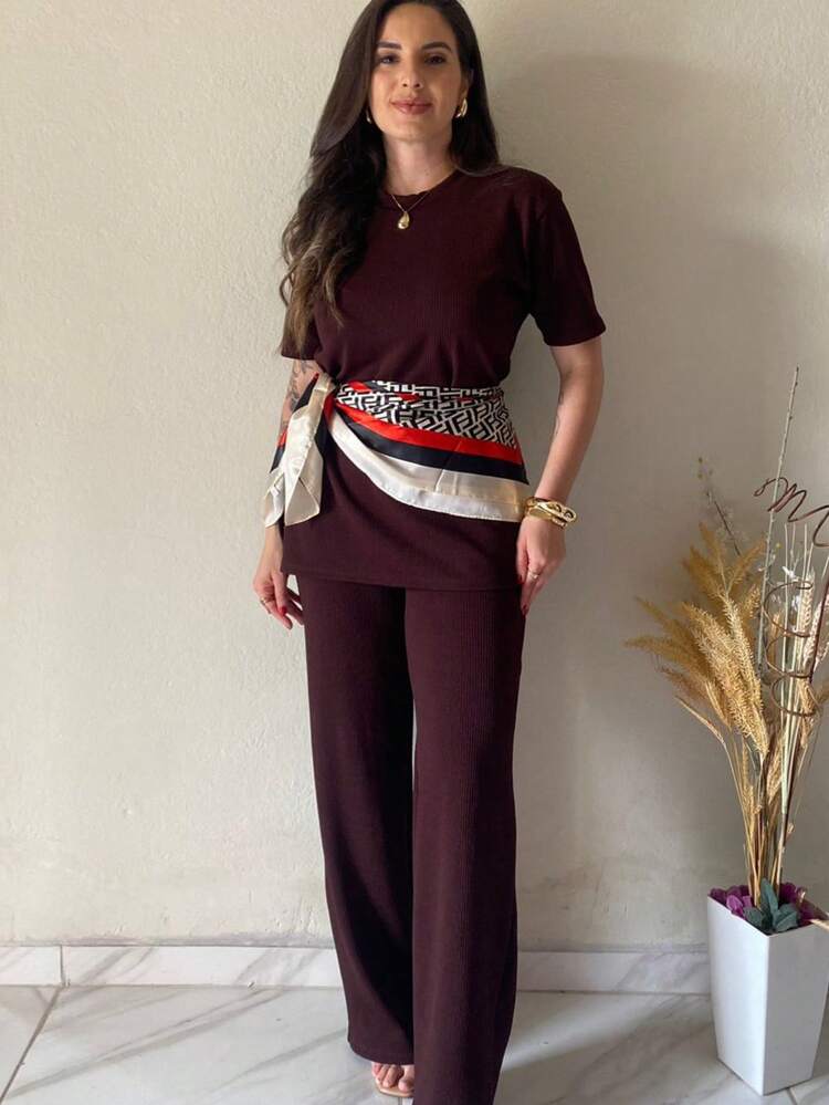 Conjunto Cibele Soltinho Tecido Anarruga Elegante Sofisticado Despojado Modesto Confortável Fofo Casual Dia a Dia Noite Festa Verão - Chocolate - Visão 1