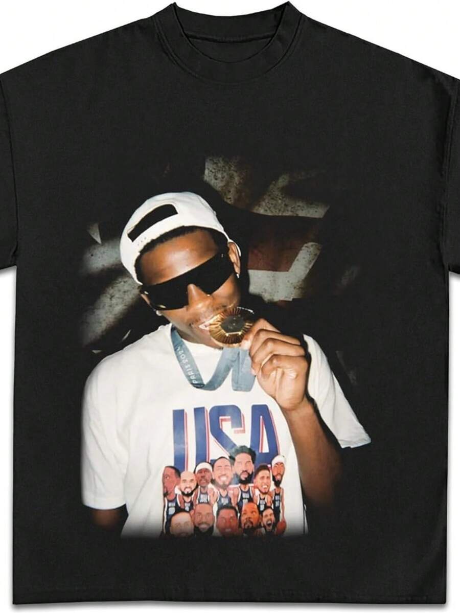 Anthony Edwards Oly Mpic Celebration Graphic T-Shirt _ Premium Quality Heavyweight Basketball Shirt F - Black - View 1