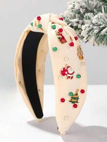 1pc Women's Green Christmas Wide Brim Knotted Pearl Headband, Christmas Holiday Hair Accessory, Hair Band, Hair Hoop ,Hairband For Women