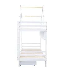 Letto a castello 90x200cm, letto per bambini con cassetti e ripiani, letto a castello con scaletta a tre gradini, sponde laterali e struttura robusta, struttura in legno di pino, adatto per camerette e camerette per ragazzi