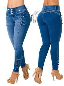 Women's Fashion Washing Blue Front Button Side Decoration Strap Elastic Waist Lifting Butt Tight Nine-Crispy Casual Small Feet Jeans  Plain    Pocket  Button    Daily  School - 中等水洗藍 - 查看 5