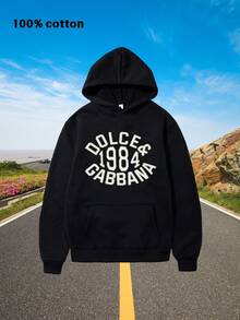 Classic Collegiate Style 'DOLCE & 1984 GABBANA' Letter Print Pullover Hoodie - Unisex 100% Cotton Black Long Sleeve Hooded Sweatshirt With Front  Pocket, Loose Fit & Super Soft Fabric, Ideal For Spring, Autumn, And Winter Layering -  Casual Streetwear Fashion Design Perfect For Daily Wear, School, Sports, Lounging, And Outdoor Adventures - Thoughtful Gift For Men, Women, Teens, Couples, Friends, And Family, Suitable For Birthday, Christmas, Valentine's Day, And Holiday Celebrations - màu đen - Xem 1