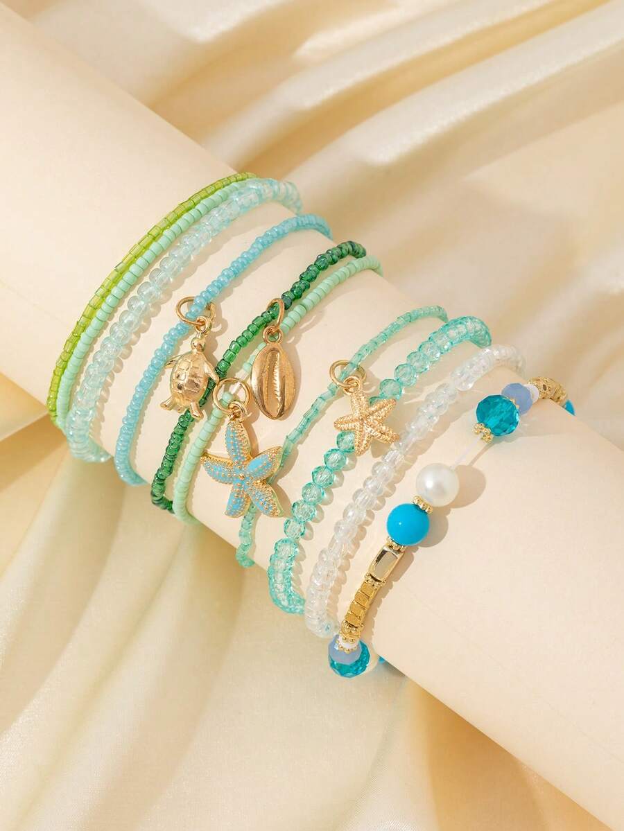 10pcs/Set Rice Bead, Glass Crystal & Alloy Beaded Elastic Bracelet, Women Ocean Holiday Fresh Blue Fashion Jewelry