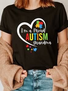 Autism Awareness Printed Round Neck Short Sleeve T-Shirt, Suitable For Summer And Spring Casual Tops, Women's Clothing