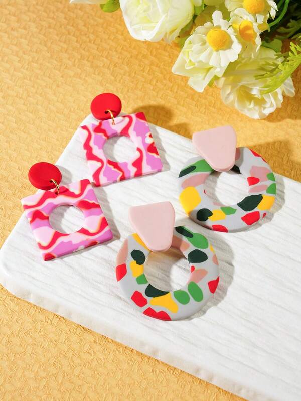 Bohemian Exaggerated Geometric Circle Earrings Fashion Colorful Printing Contrast Color Polymer Clay Earrings For Women Vacation Jewelry Gifts