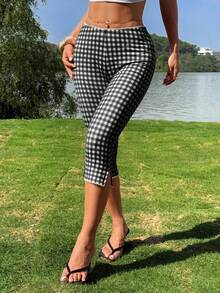 Womens Gingham Split Leggings Lace Low Rise Elastic Waist Skinny Capri Pants - 黑色 - 查看 1