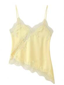Women Y2k Lace Pachwork Satin Silk Camisole Tops Elegant Asymmetrical Top Spaghetti Strap Cami Tops Sleeveless V Neck Open Back Crop Tops Backless Slim Fit Shirt Going Out Tops Casual Club Streetwear Aesthetic Clothes - 黃色 - 查看 9
