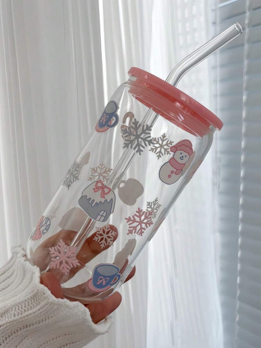 500ml/16.91oz 姜饼人冰咖啡玻璃吸管杯，抹茶饮料吸管杯，吸管杯饮具，最佳圣诞礼物选择！ - 彩色 - 查看 1