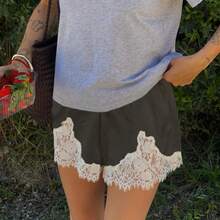 Boho Women's Lace Trim Satin Silk Shorts Shiny Elastic Waist Mini Shorts Pettipants Half Slip Shorts French Knickers Boyshorts For Dresses Full Coverage Underwear Lounge Pants - 黑色 - 查看 2