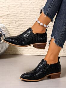 Black Pointed Toe Chunky Heel Slip-On Shoes, Asymmetrical Plaid Pattern, Versatile For Party And Daily Wear, Non-Slip, Fashionable High Heels For Women, Autumn/Winter,Shoes - Black - View 3