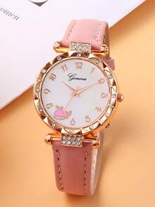 1 pieza Reloj de niña con correa de cuero PU rosa, esfera redonda con strass y 5 piezas de joyería con decoración de mariposa - Rosa - Ver 4